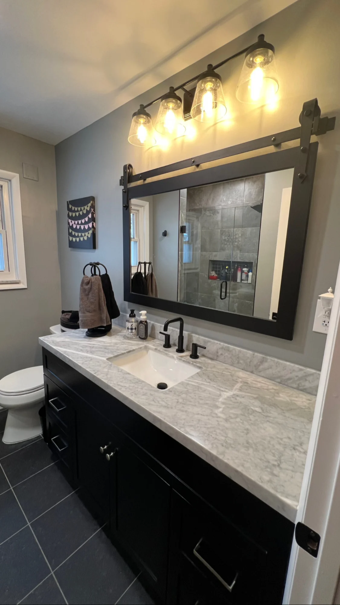 Black Vanity White Tile Bath — photo 2